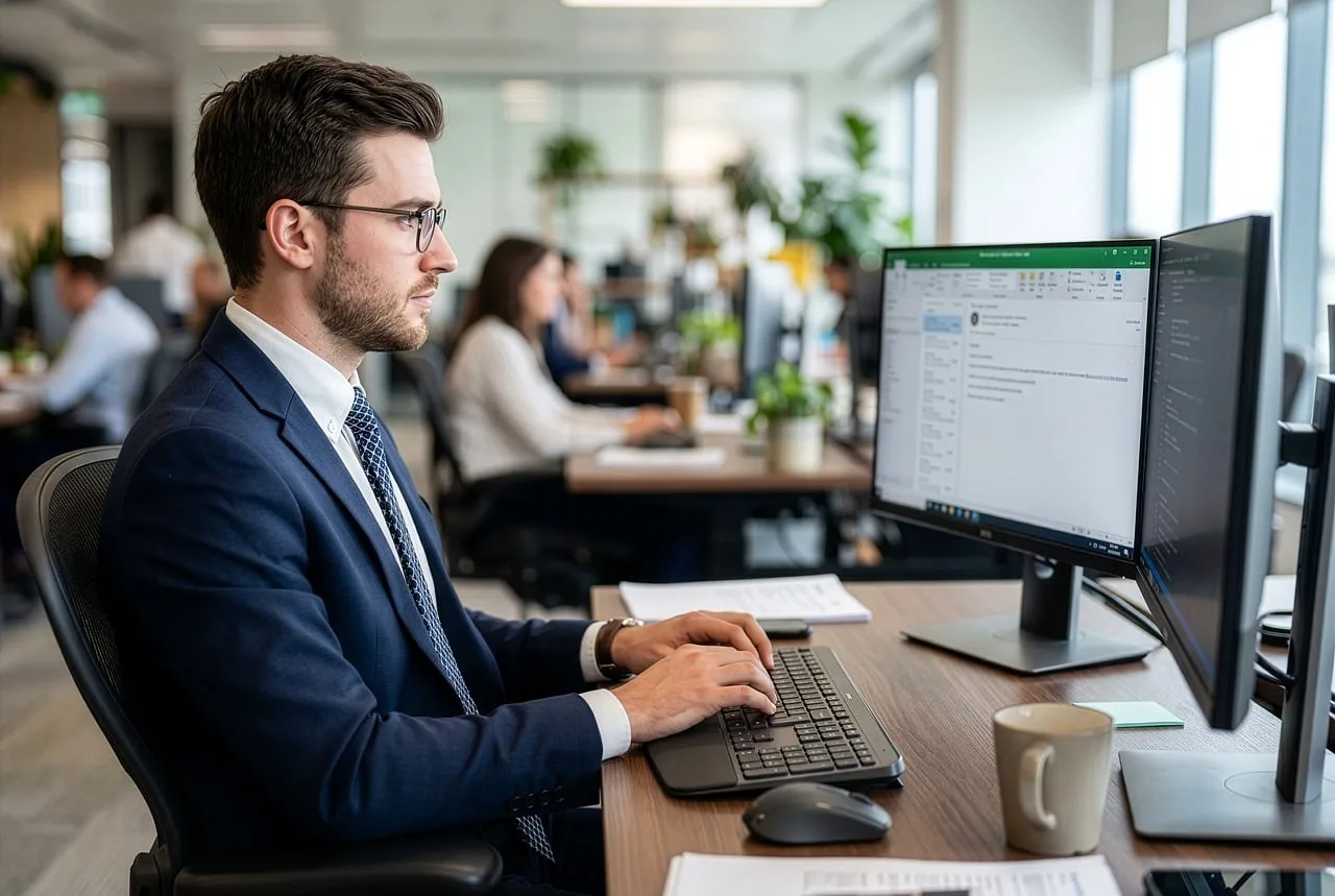man, office, computer, work, business, working, company, career, suit, young, corporate, professional, marketing, office worker, desk, computer screen, multitasking, time management, focus, meeting room