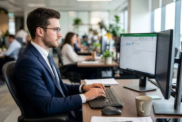 man, office, computer, work, business, working, company, career, suit, young, corporate, professional, marketing, office worker, desk, computer screen, multitasking, time management, focus, meeting room. Belfast payroll software compared with managed bureau services