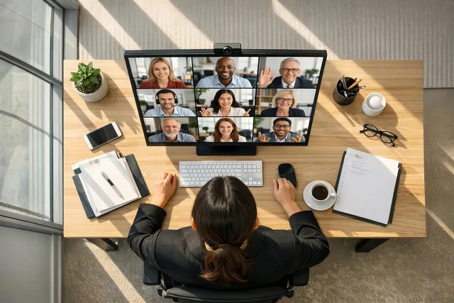 video conference, home office, desk, computer monitor, video call, employee, office work, laptop, coffee cup, potted plant, telephone, internet connection, technology, communication, business, remote work, office equipment, workspace, office environment, meeting, online service. Remote HR software for UK teams: holiday and absence tools