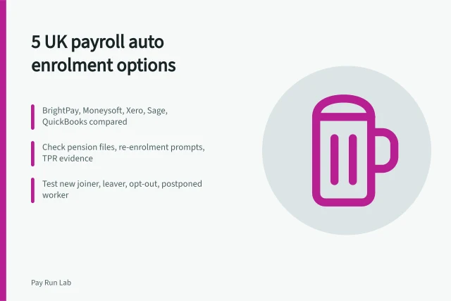 Comparison card of five UK payroll auto enrolment software options. Payroll software with auto enrolment: 5 UK options compared
