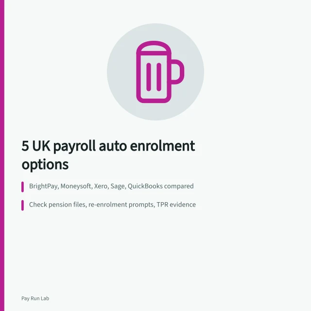 Comparison card of five UK payroll auto enrolment software options. Payroll software with auto enrolment: 5 UK options compared