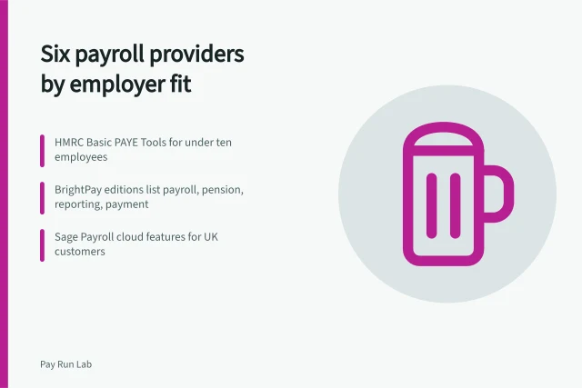 Card listing six payroll providers sorted by employer suitability. Six payroll providers to investigate, sorted by the employer each one suits