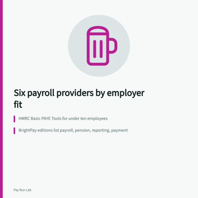 Card listing six payroll providers sorted by employer suitability. Six payroll providers to investigate, sorted by the employer each one suits