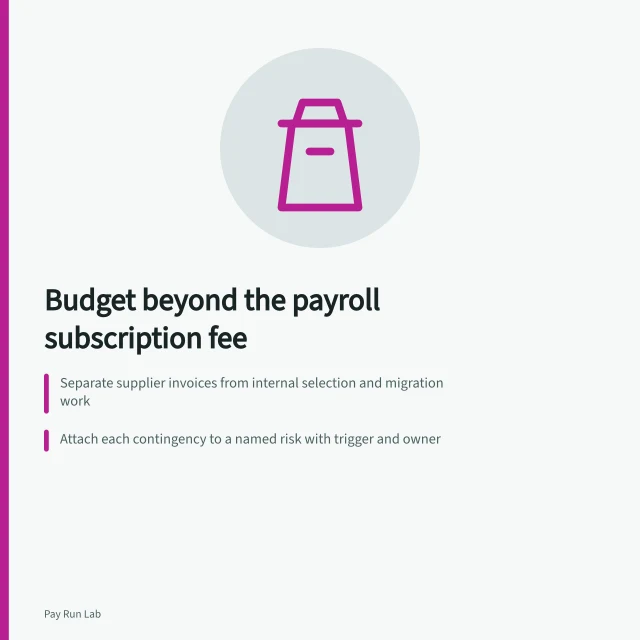 Payroll software budget card covering migration, assurance, renewal and contingency costs. A payroll software budget that covers migration, assurance and renewal, not only the fee