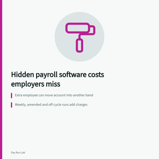 Card listing hidden payroll software costs employers often overlook. The payroll software costs employers miss, from employee bands to parallel runs