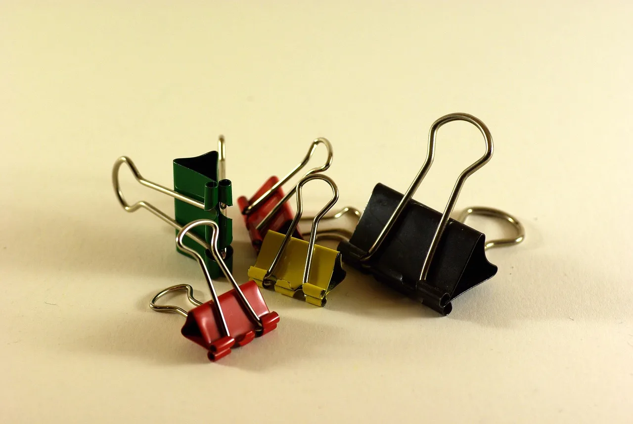 office supplies, foldback clips, mulberry jam, multicoloured