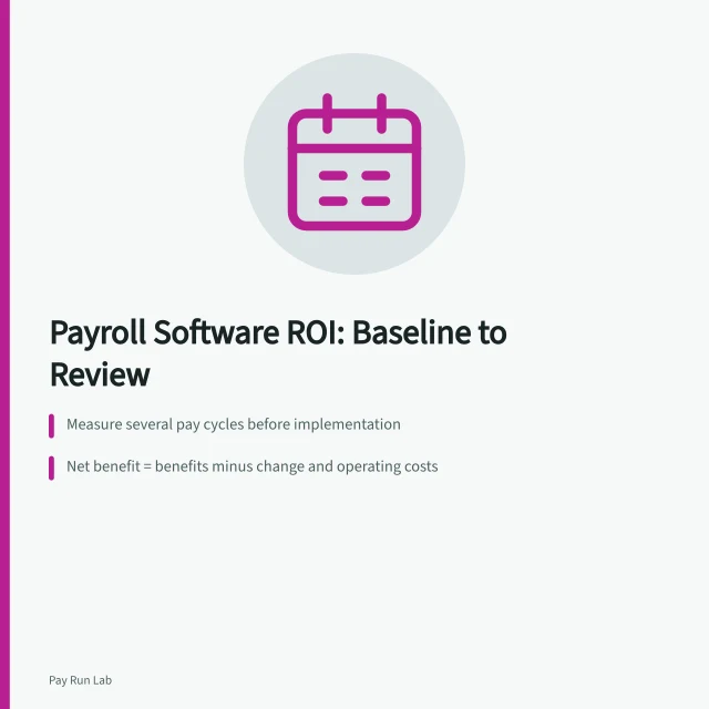 Payroll software ROI calculation with baseline, costs, benefits, and payback review. Calculating payroll software ROI from a measured baseline, then checking it after go-live
