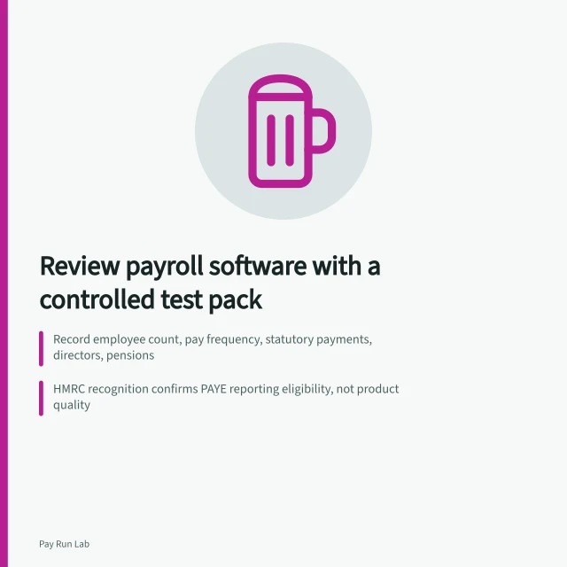 Card outlining a controlled payroll software review method with test pack scoring. How to review payroll software with a safe test pack and a controlled scoring model