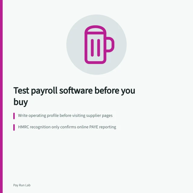 Card comparing payroll software with statutory scenarios and service tests. Comparing payroll software with statutory scenarios and service tested under pressure