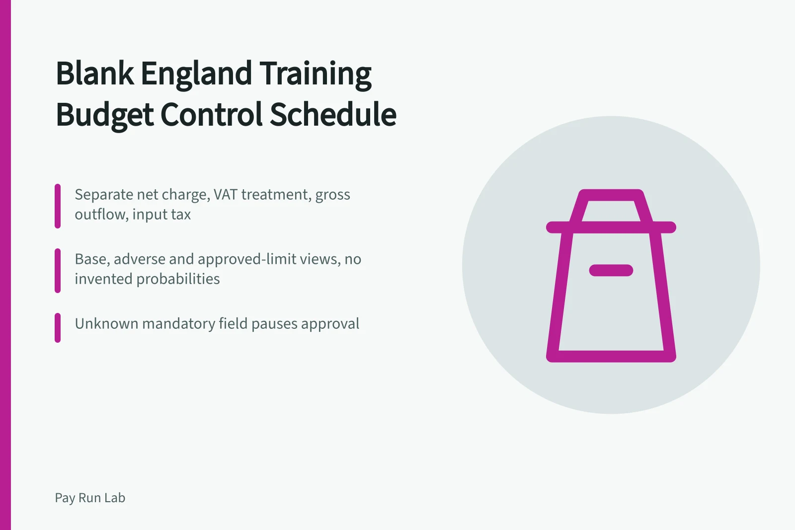 Blank training budget schedule with VAT, owner and confidence columns