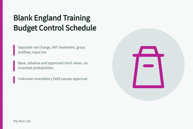 Blank training budget schedule with VAT, owner and confidence columns. A blank England training budget that keeps every cost unit and VAT basis visible
