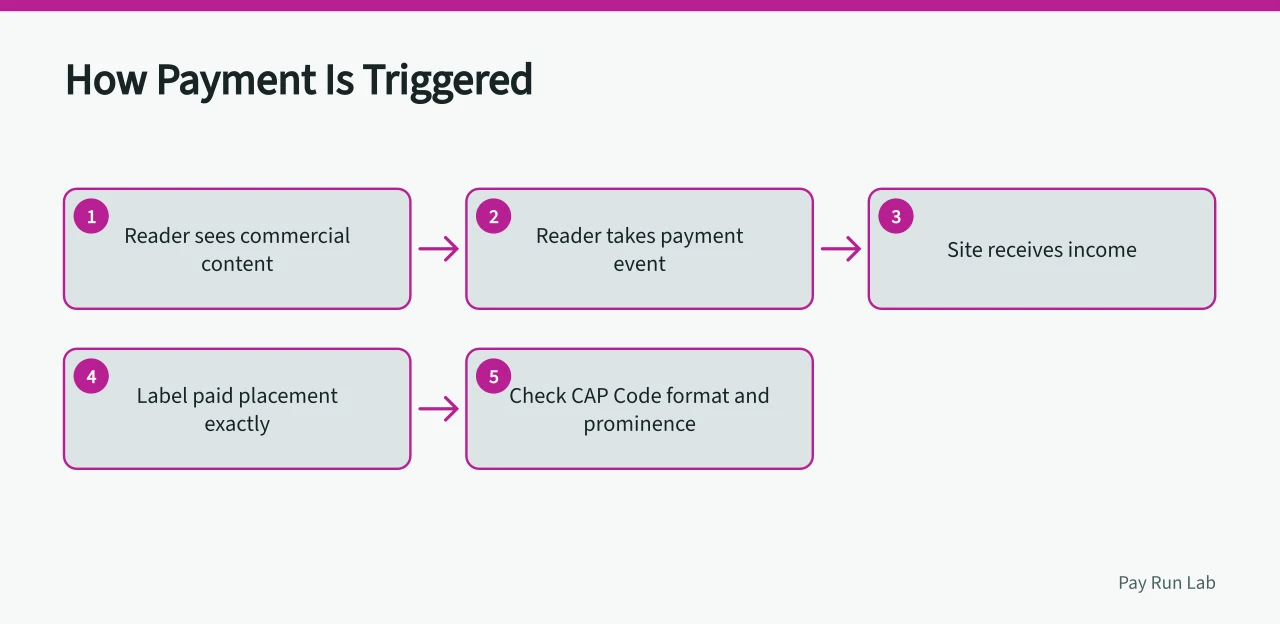 Flow showing how commercial content creates payment (A disclosure policy for payroll software sites, from how the site earns money to corrections)